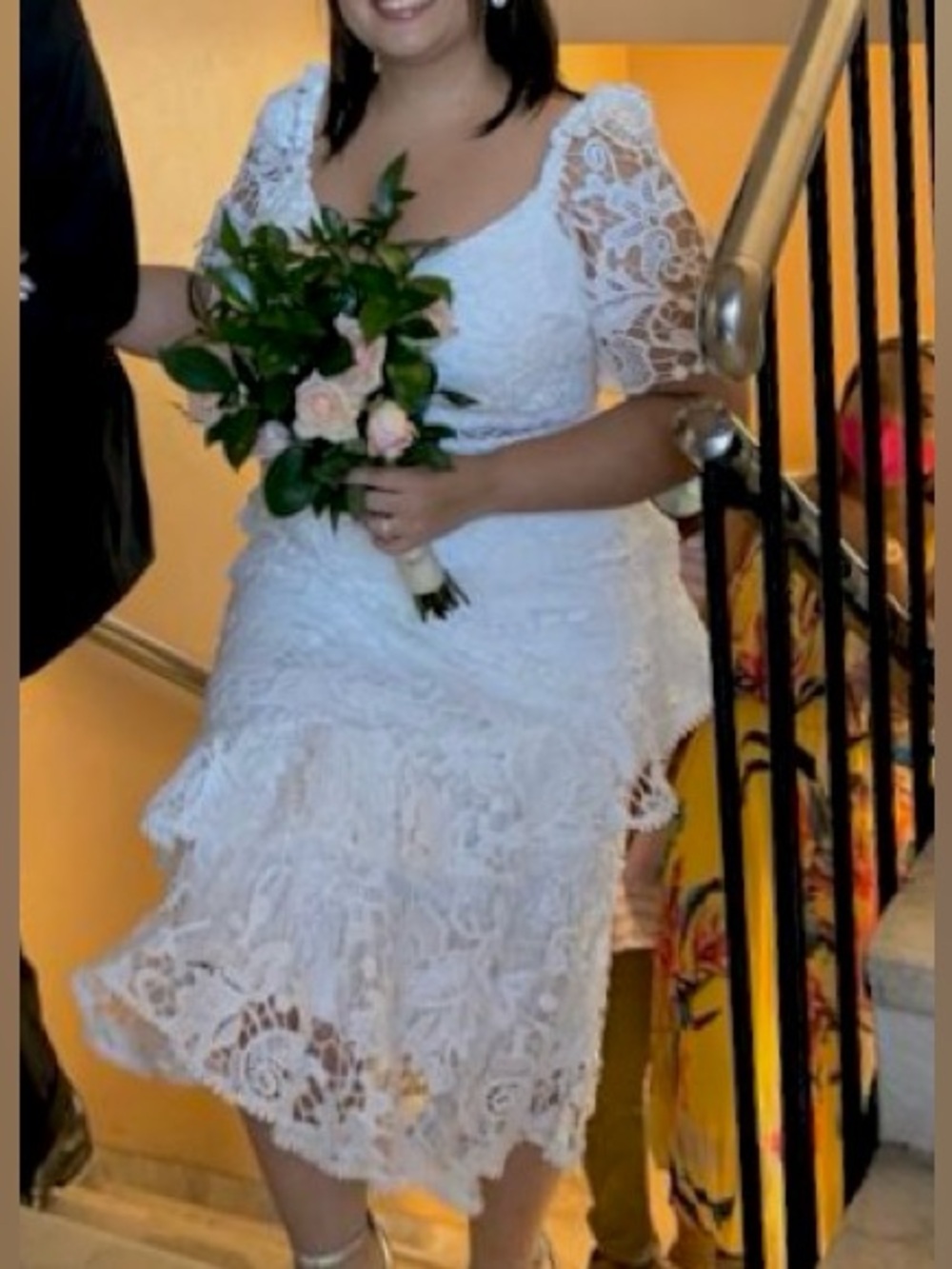 Nordstrom White Lace Midi Dress with Puff Sleeves